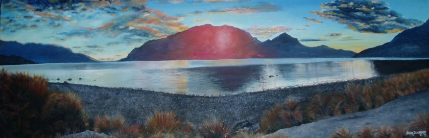 Tussocks and Sunsets, Oil on Canvas, 910X300X35, $450 